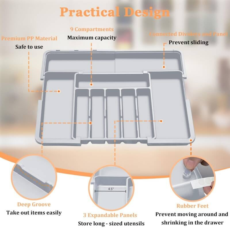 Expandable drawer organiser adjusted to 6 compartments — compact mode