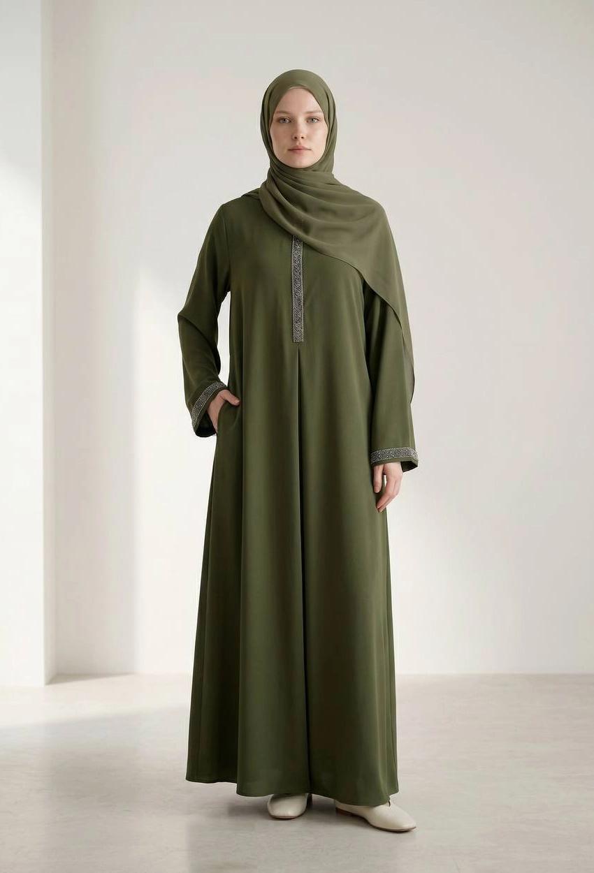 Medine Silk Abaya — Style 3 — Olive Green