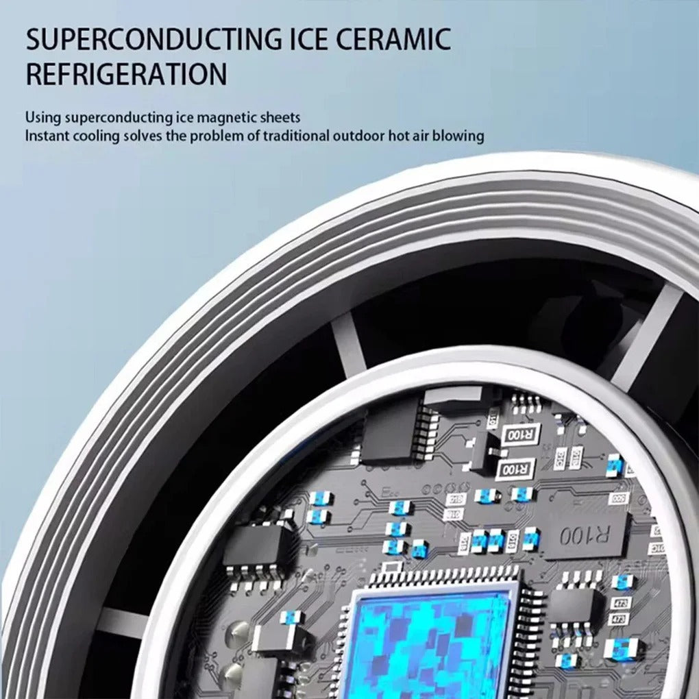 Portable ice-cooling fan worn around the neck — lifestyle shot