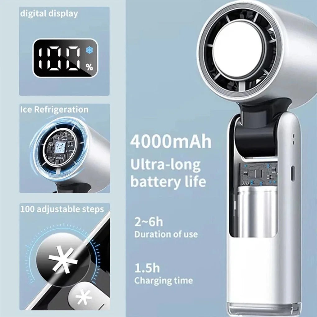 Portable ice-cooling neck fan in grey — front view